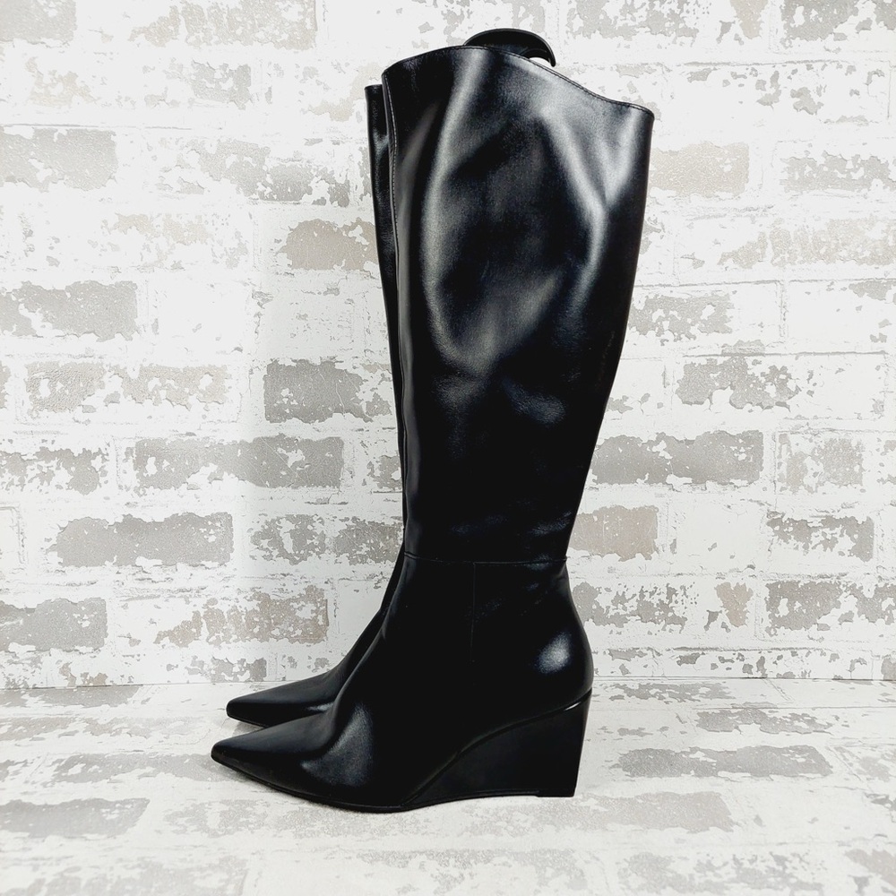 NEW Marian Tall Boots Womens 7 Black Leather Wedge Heel Minimalist Gothic A542